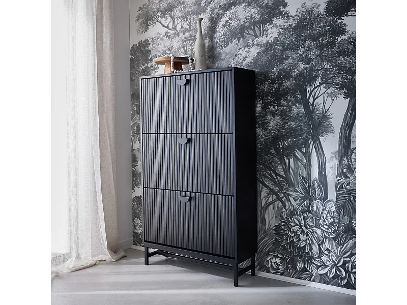 Meuble à chaussures 3 abattants décor bois rainuré noir style contemporain 18 paires