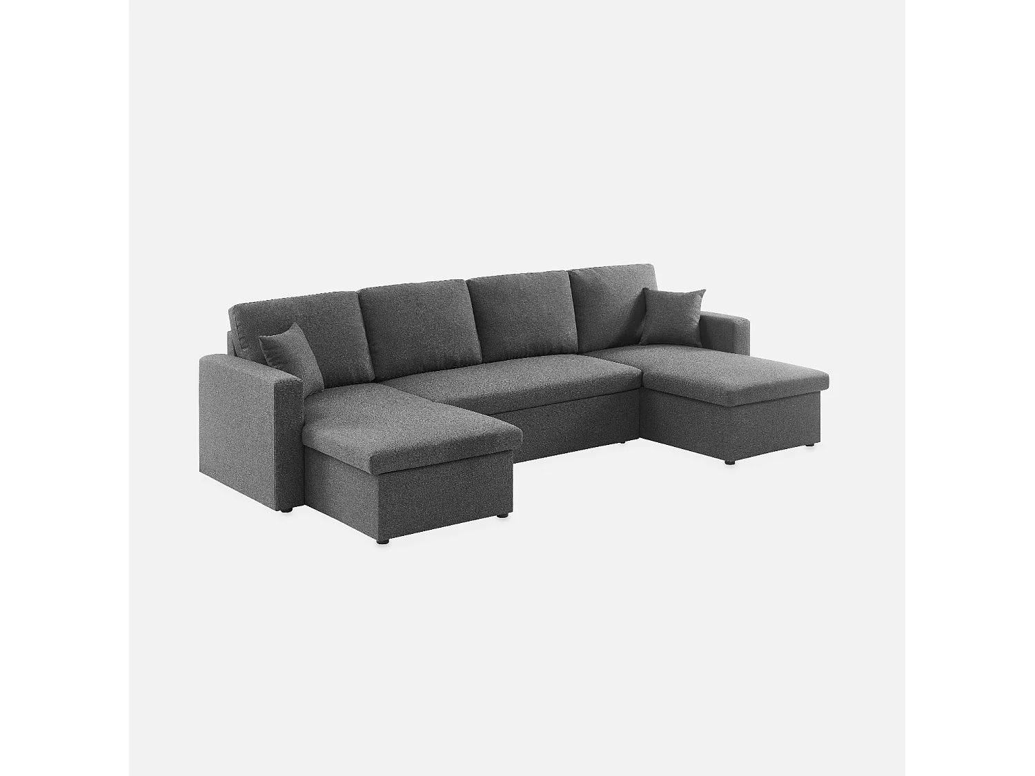 Canapé panoramique convertible en tissu gris foncé. 4 places. coffre rangement. lit modulable