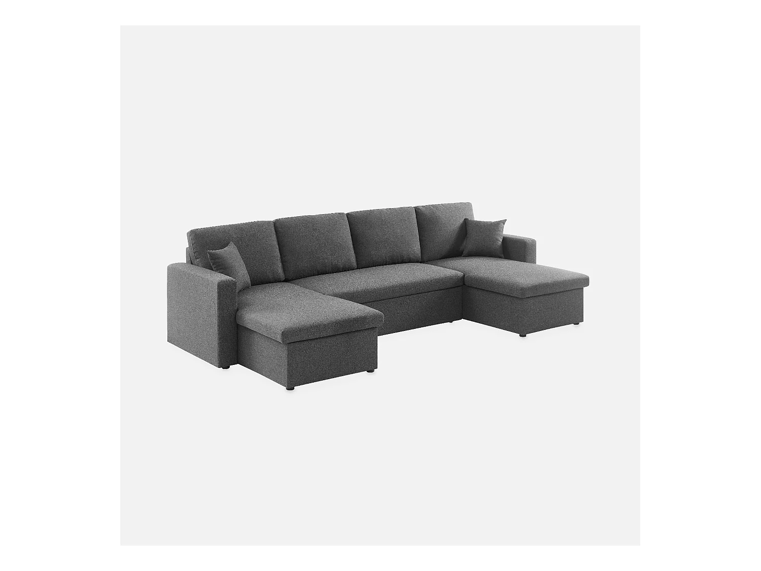 Canapé panoramique convertible en tissu gris foncé. 4 places. coffre rangement. lit modulable