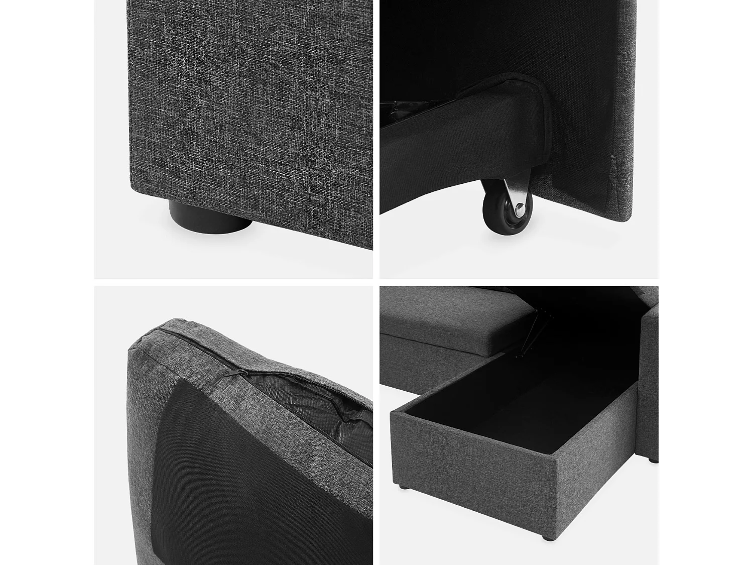 Canapé panoramique convertible en tissu gris foncé. 4 places. coffre rangement. lit modulable