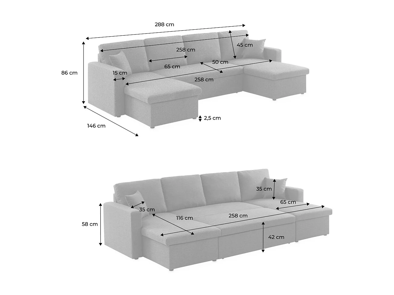 Sofá cama panorámico de 4 plazas en tela gris oscuro