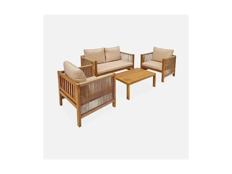 Salon de jardin ALCIRA 4 places en bois d'acacia et cordes beiges et coussins beiges. 1 canapé 2 pl + 2 fauteuils + 1 table basse