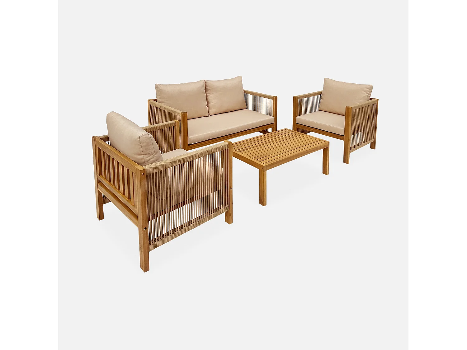 Salon de jardin ALCIRA 4 places en bois d'acacia et cordes beiges et coussins beiges. 1 canapé 2 pl + 2 fauteuils + 1 table basse