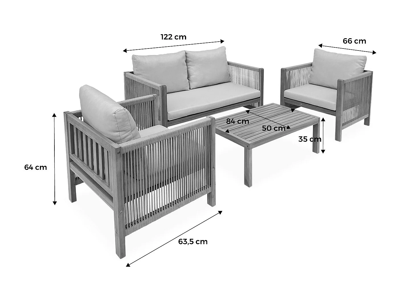Salon de jardin ALCIRA 4 places en bois d'acacia et cordes beiges et coussins beiges. 1 canapé 2 pl + 2 fauteuils + 1 table basse