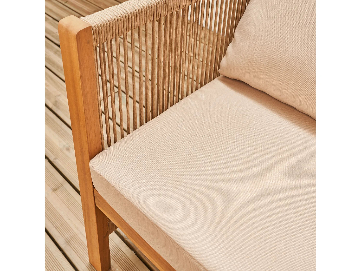 Salotto da giardino in legno e corda a 4 posti, beige