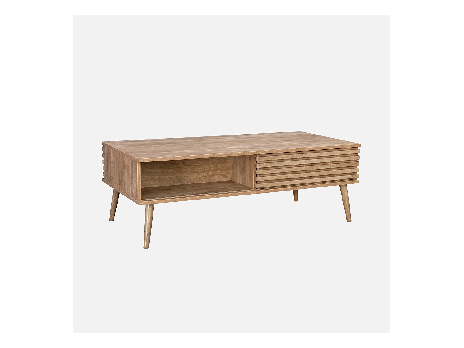 Table basse scandinave avec portes coulissantes décor bois rainuré et niches de rangement