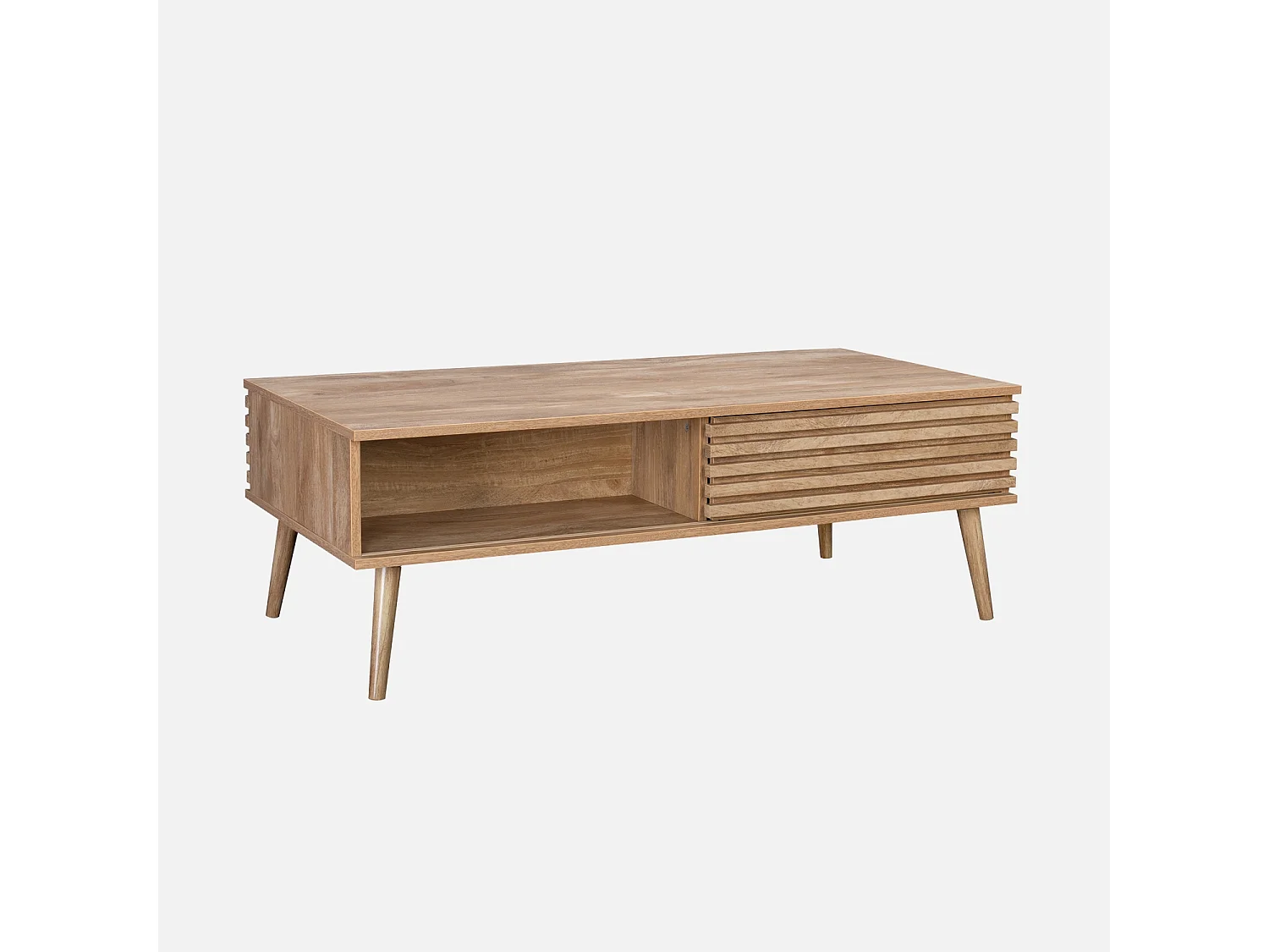 Table basse scandinave avec portes coulissantes décor bois rainuré et niches de rangement
