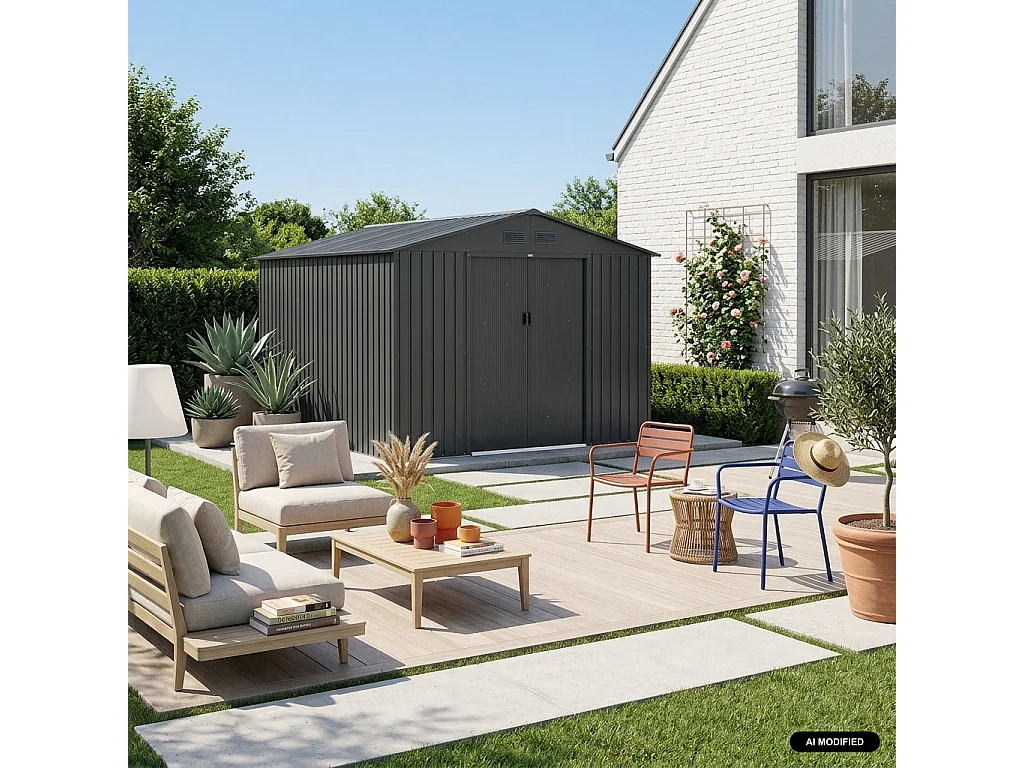 Cobertizo de jardín de metal de 8,95 m² con kit de anclaje antracita