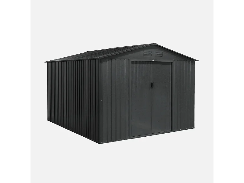 Abri de jardin en métal - FLANDRE 8.84m² gris anthracite - Cabane à outils avec deux grandes portes coulissantes. kit de fixation sol inclus. maison de rangement.