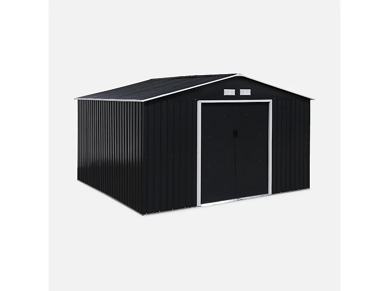 Abri de jardin en métal - Boulonnais - 10.85m² gris anthracite et blanc - Cabane à outils avec deux portes coulissantes. kit de fixation sol inclus. maison de
