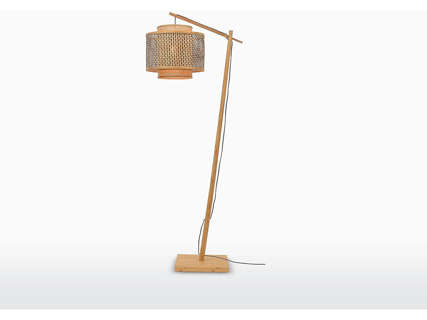 Piantana in bamboo marrone con paralume intrecciato bicolor