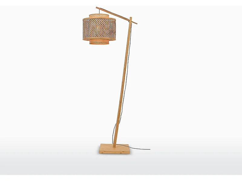 Piantana in bamboo marrone con paralume intrecciato bicolor