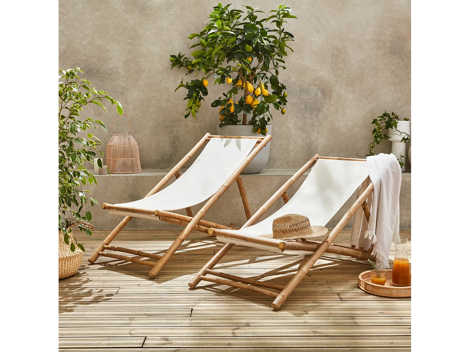 Set di 2 sedie in bambù, tela naturale pieghevole, multiposizione,