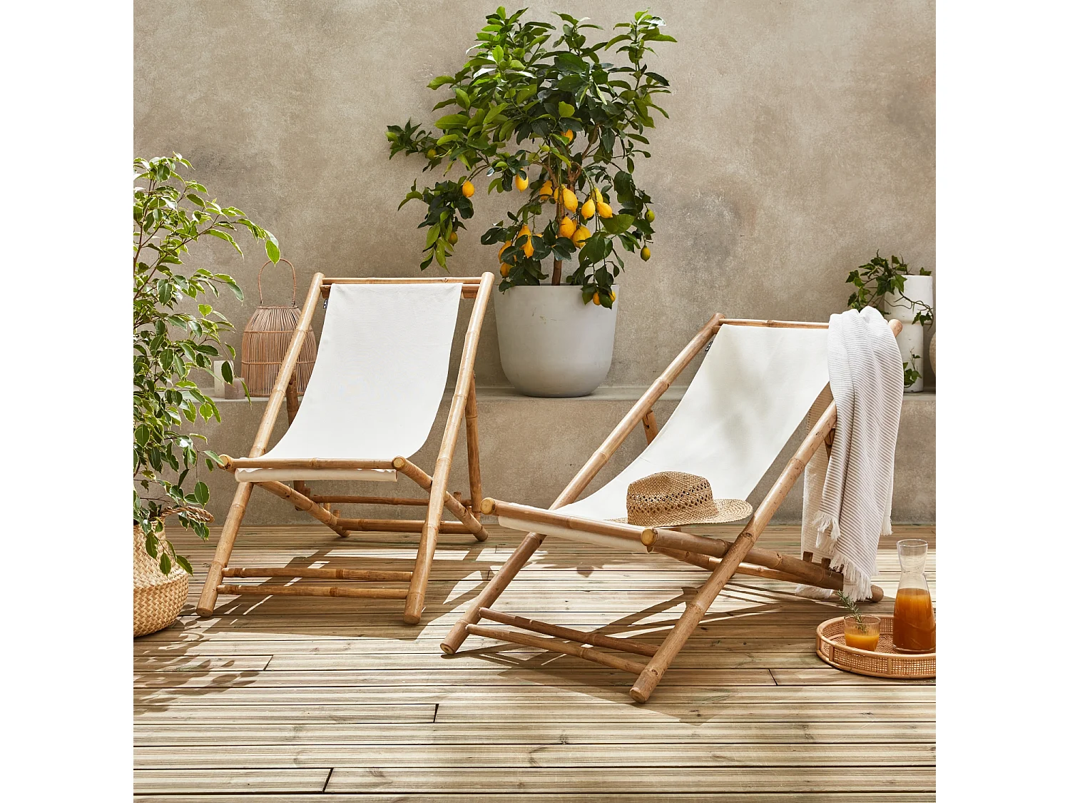 Set di 2 sedie in bambù, tela naturale pieghevole, multiposizione,