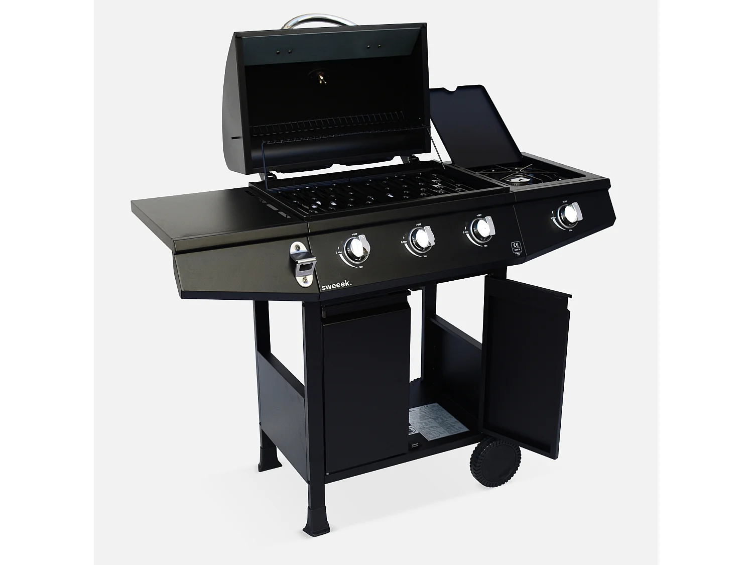Barbecue a gas con 3 bruciatori e 1 bruciatore laterale, nero