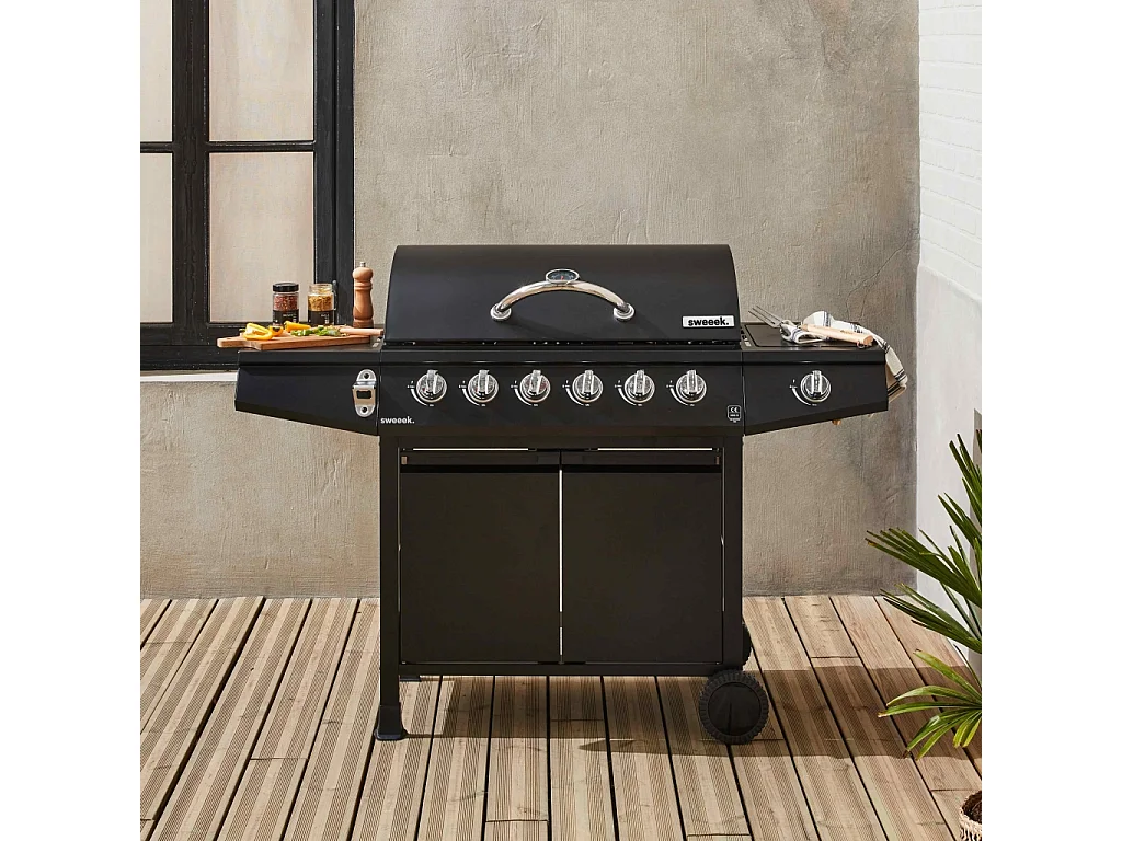 Barbecue a gas con 7 bruciatori di cui 1 laterale, nero