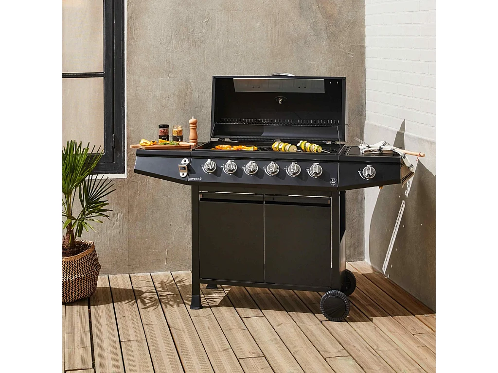 Barbecue a gas con 7 bruciatori di cui 1 laterale, nero