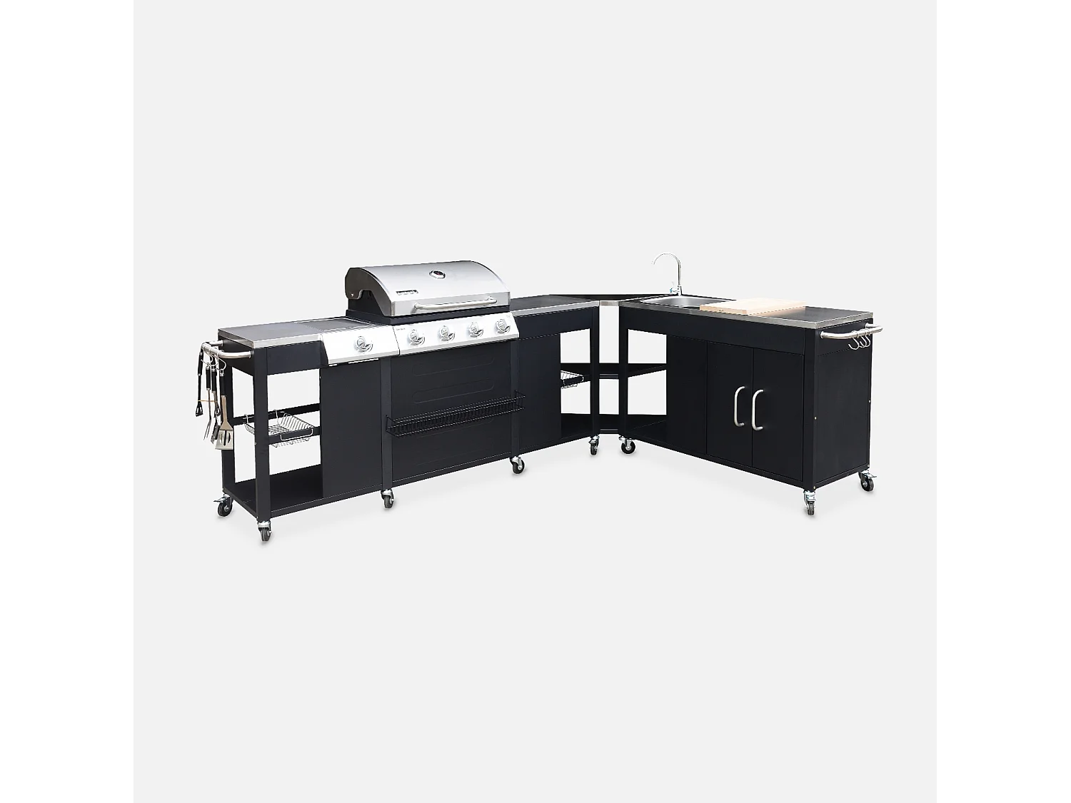 Modulo cucina da esterno con barbecue a 4 bruciatori, fuoco laterale,