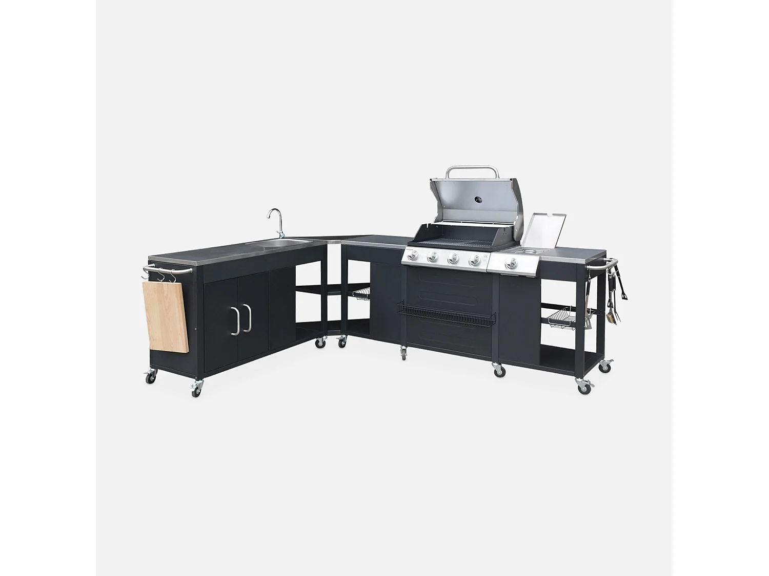Modulo cucina da esterno con barbecue a 4 bruciatori, fuoco laterale,