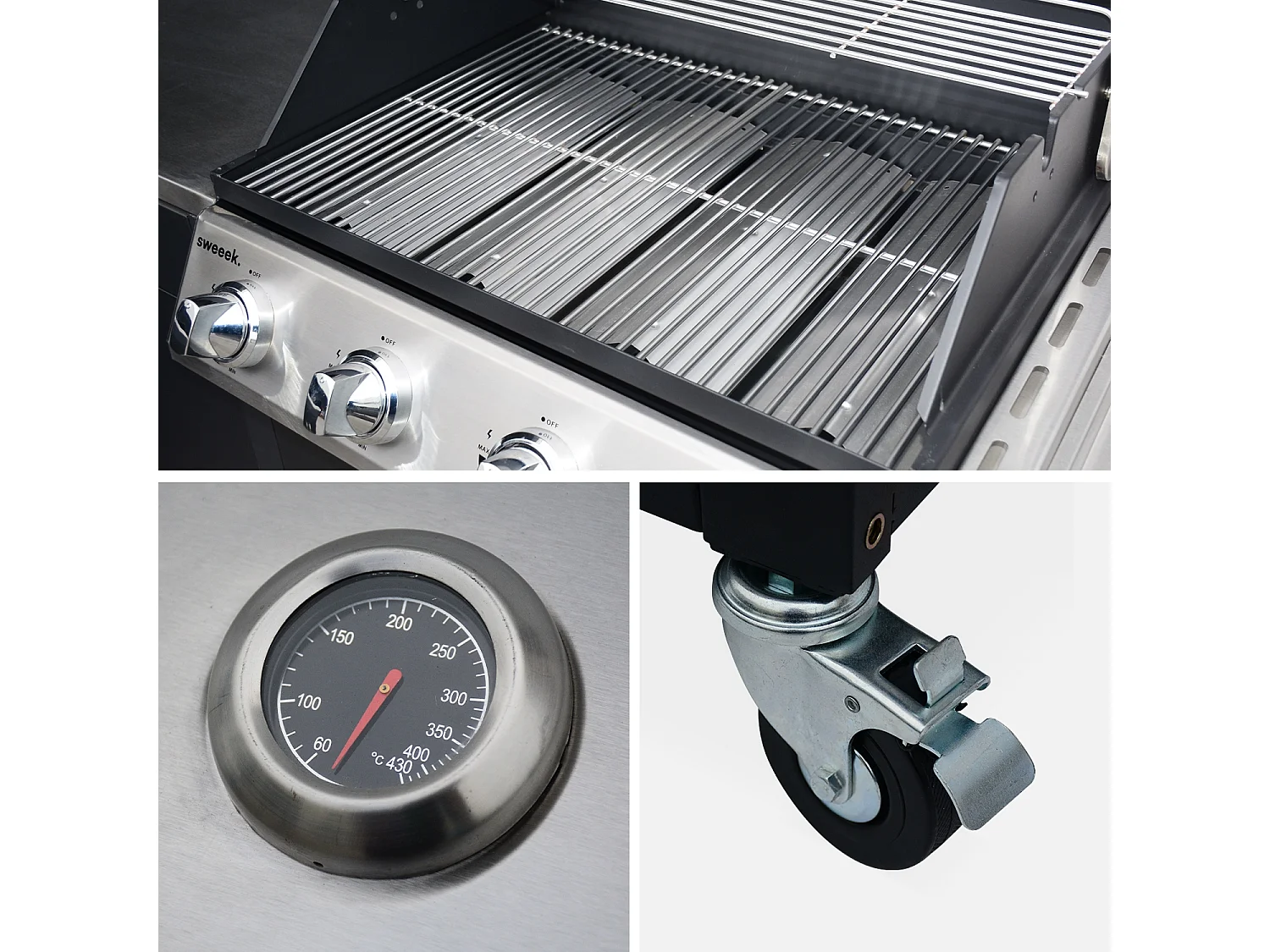 Modulo cucina da esterno con barbecue a 4 bruciatori, fuoco laterale,
