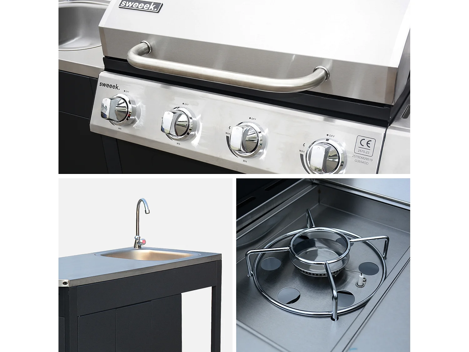 Modulo cucina da esterno con barbecue a 4 bruciatori, fuoco laterale,