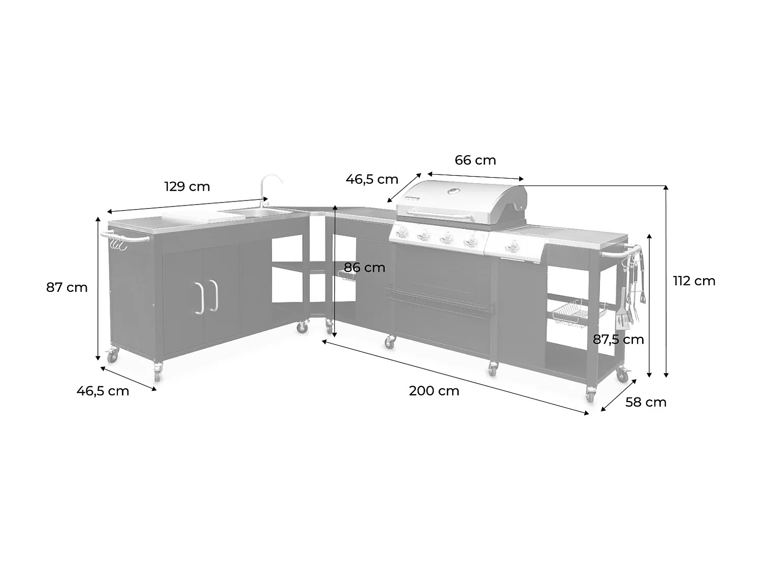 Modulo cucina da esterno con barbecue a 4 bruciatori, fuoco laterale,