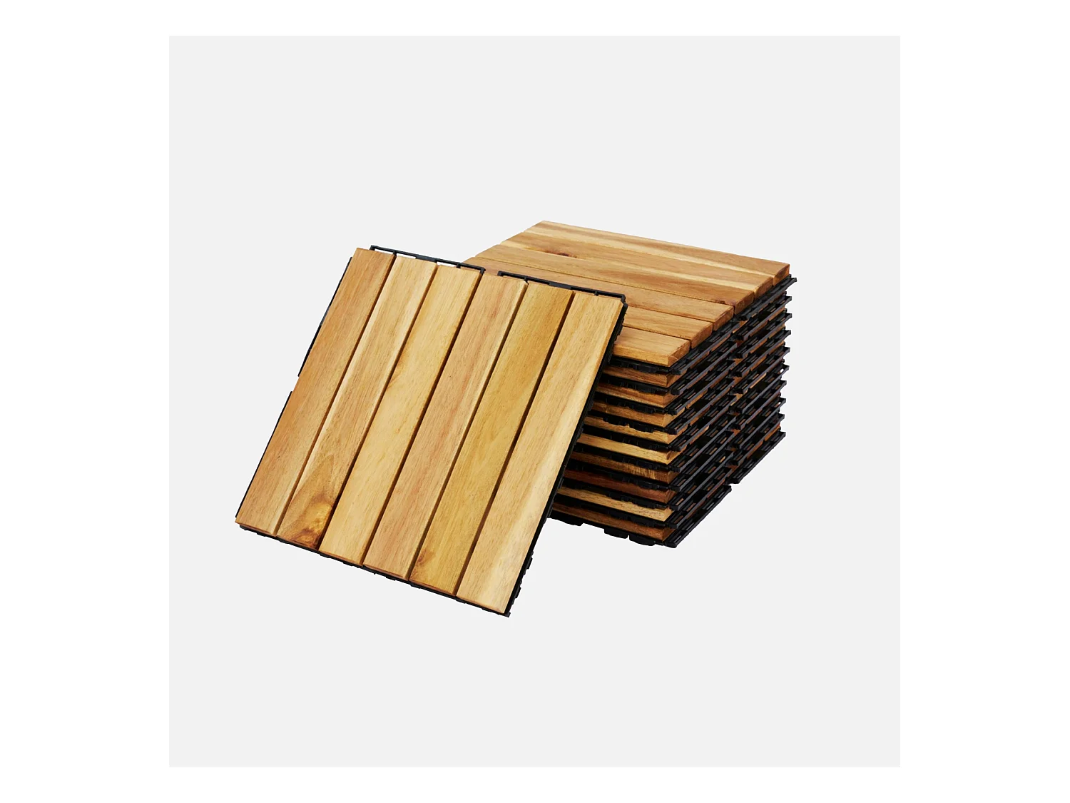 Lot de 10 dalles de terrasses 30x30cm en bois d'acacia. motif linéaire. à lattes. clipsables