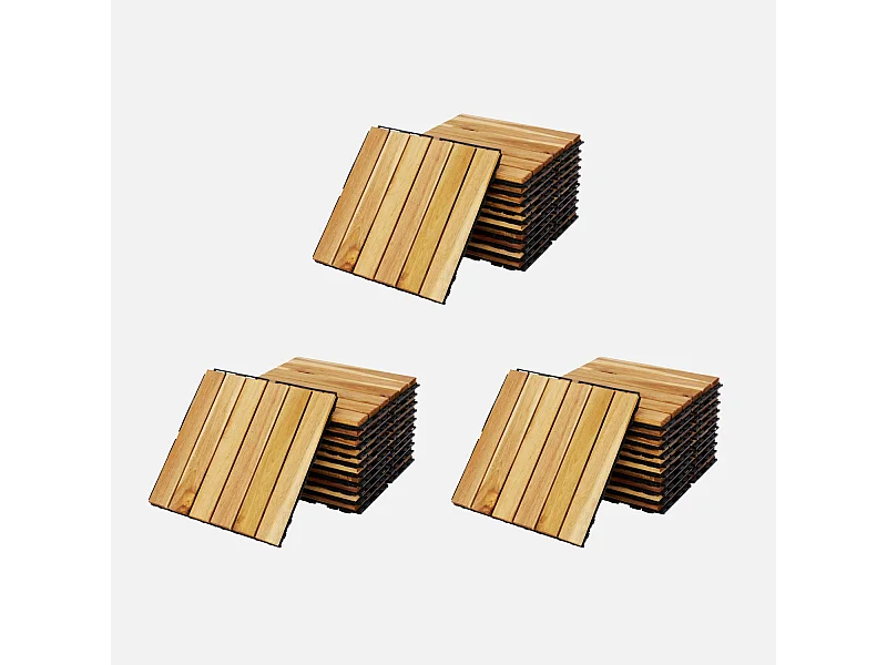 Lot de 36 dalles de terrasses 30x30cm en bois d'acacia. motif linéaire. à lattes. clipsables