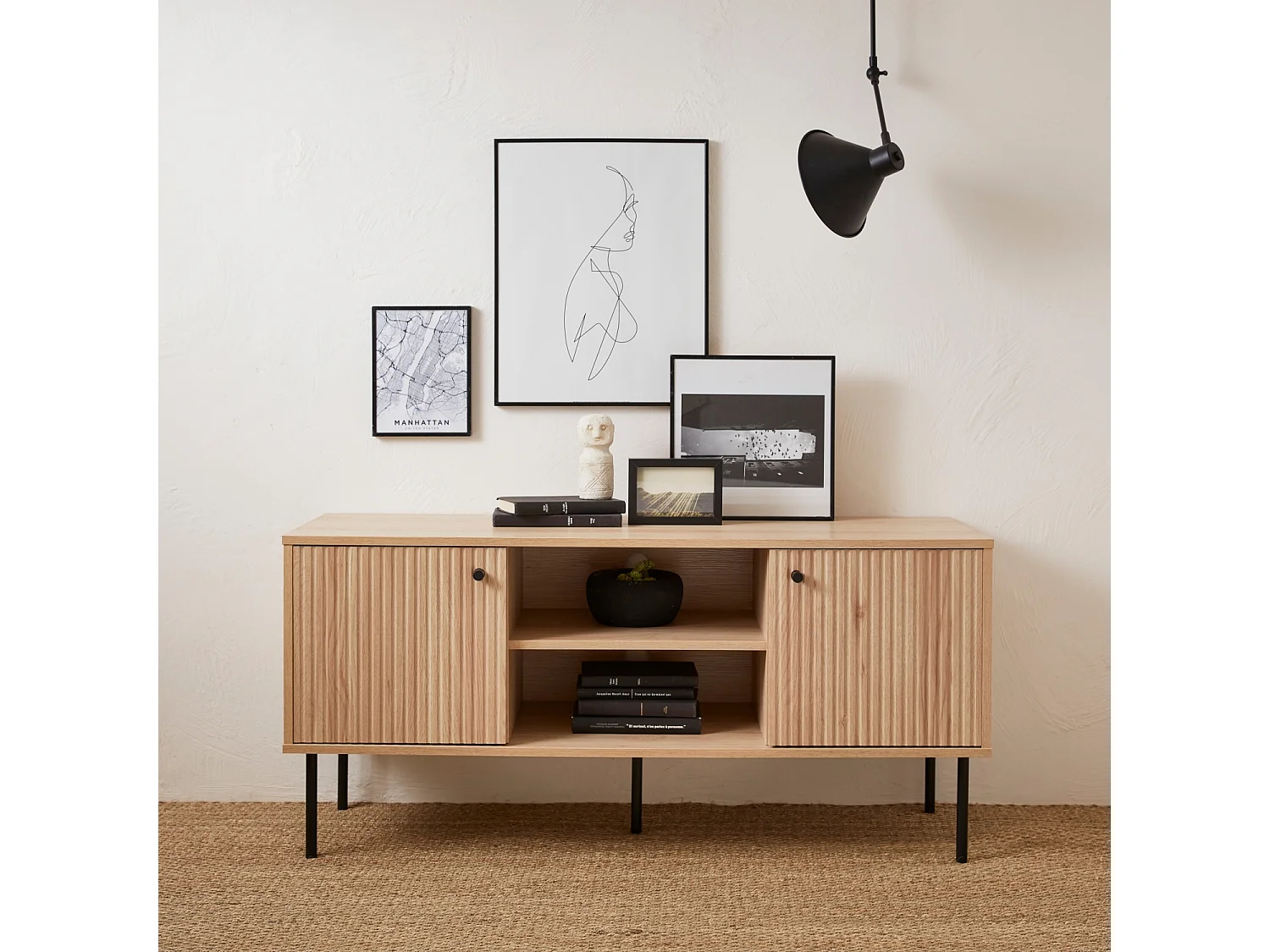 Mueble tv con decoración de madera acanalada, 120cm natural