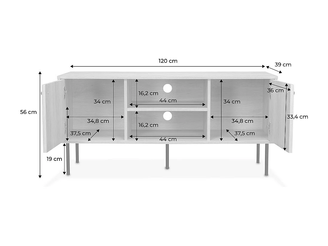 Meuble TV. Braga. deux portes. deux niches. une étagère.  L 120 x l 39 x H 56.2cm