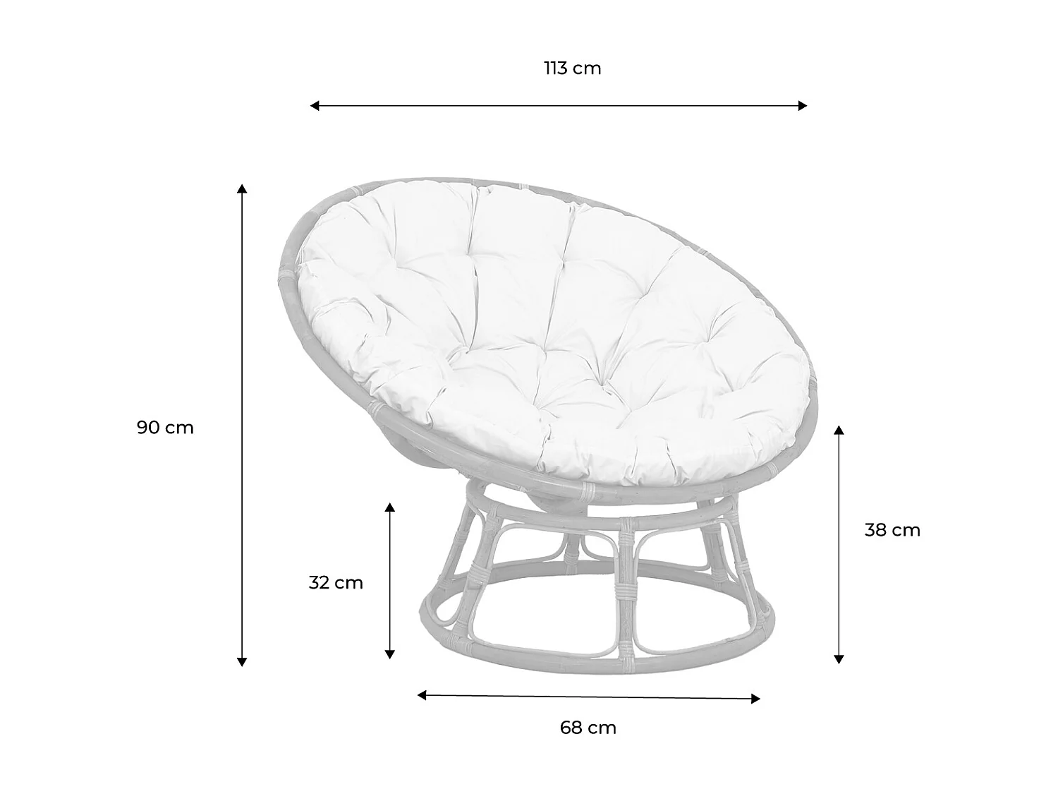 Fauteuil papasan en rotin avec coussin blanc Ø113cm