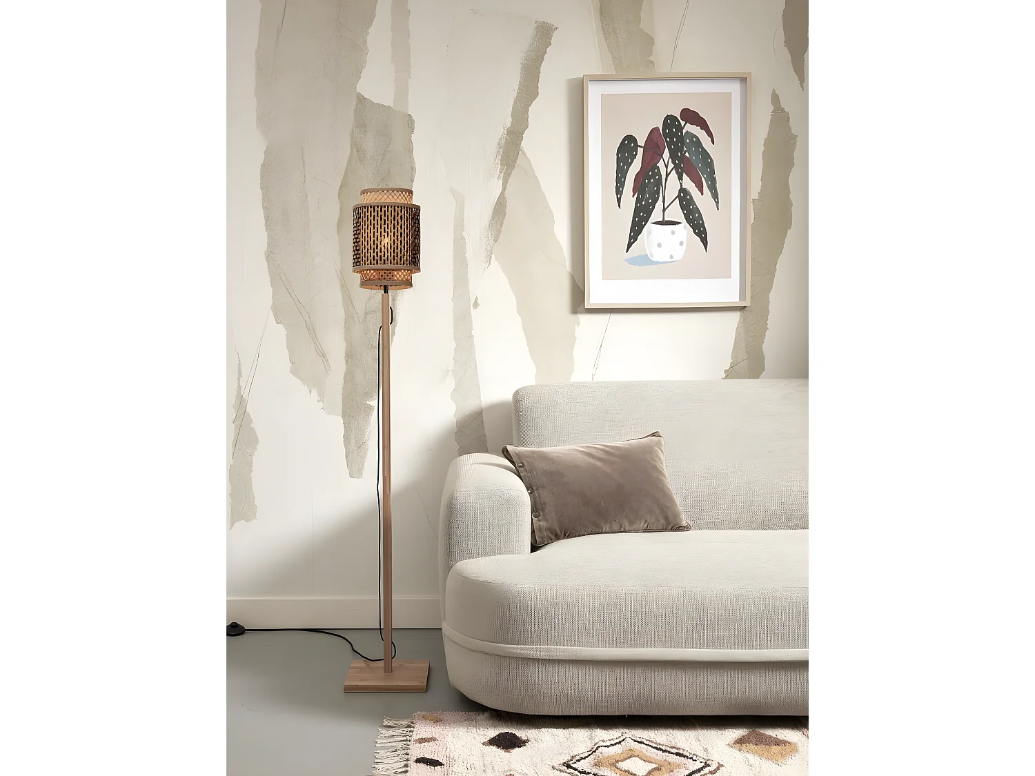 Piantana in bamboo marrone con paralume intrecciato bicolor