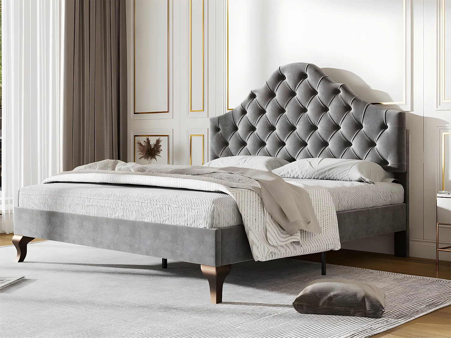 Lit rembourré 90x200cm en velours avec tête de lit réglable + sommier à lattes - Gris