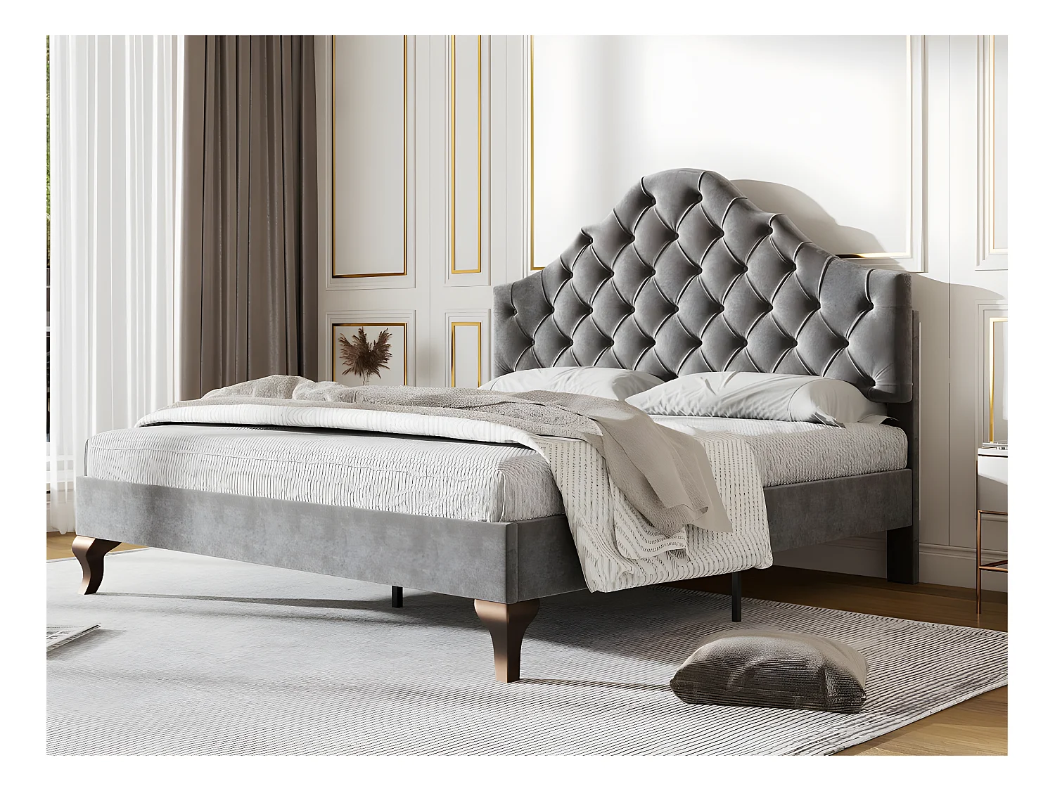 Lit rembourré 90x200cm en velours avec tête de lit réglable + sommier à lattes - Gris