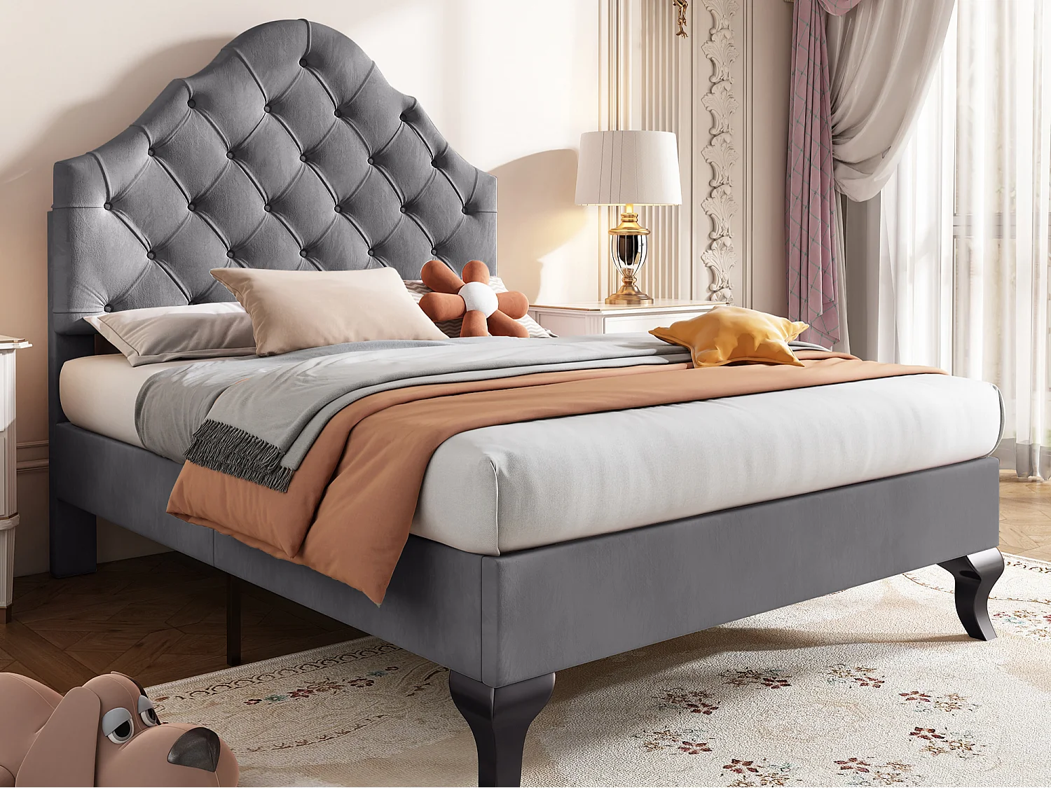 Polsterbett 90x200cm aus Samt mit verstellbarem Kopfteil + Lattenrost – Grau