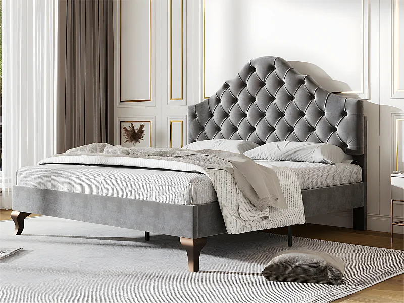 Lit rembourré 90x200cm en velours avec tête de lit réglable + sommier à lattes - Gris