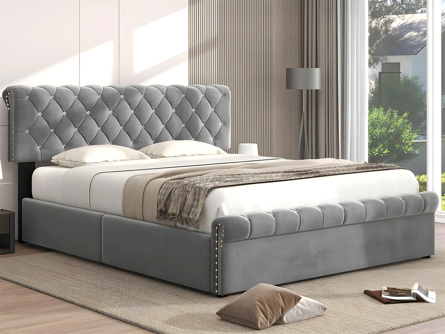 Letto contenitore rivestito in velluto - 140x190 cm - con rete a doghe + testiera regolabile - Grigio