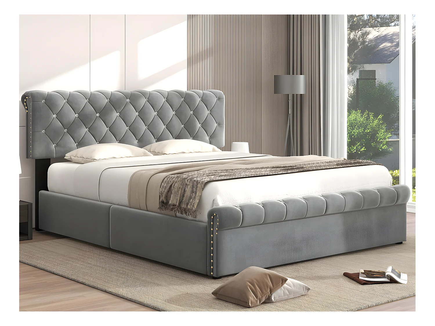 Gestoffeerd opbergbed 140x190cm - Fluwelen stof - verstelbaar hoofdeinde - Grijs