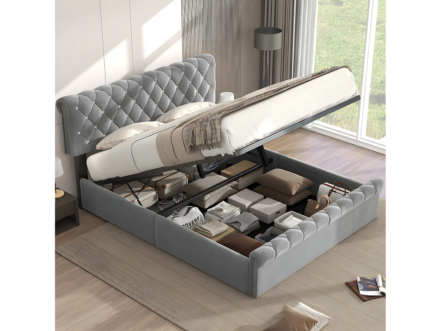 Lit coffre rembourré 140x190cm - tissu en velours - tête de lit réglable - Gris