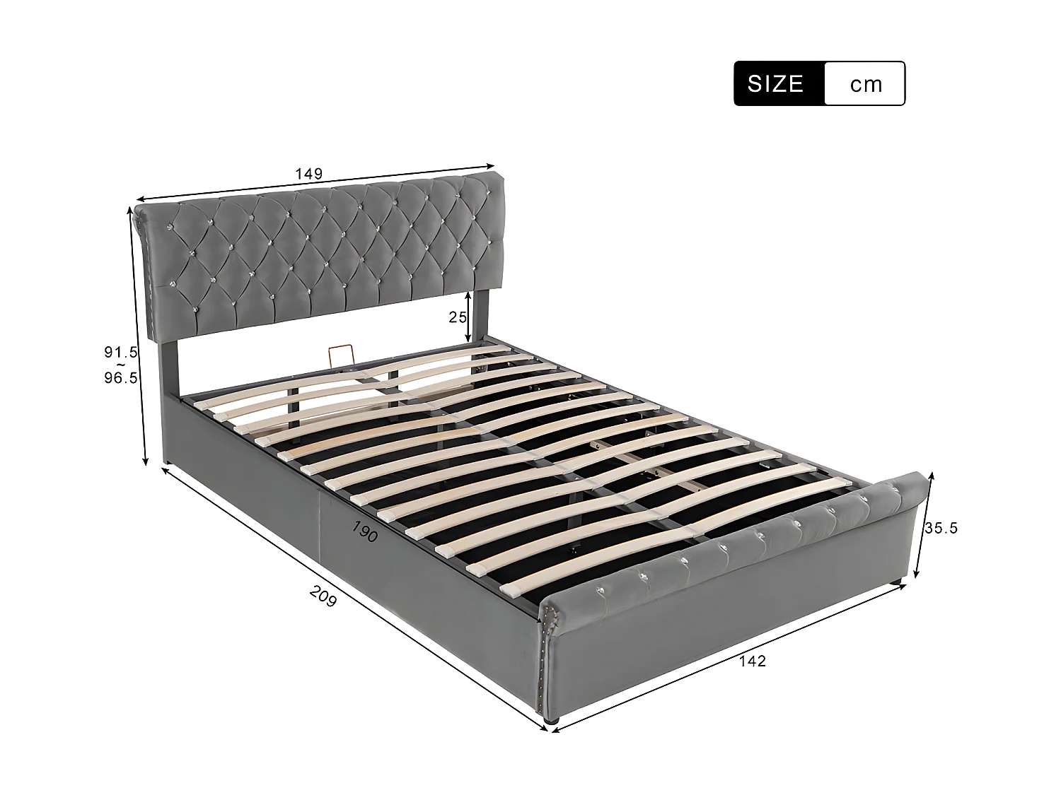Gestoffeerd opbergbed 140x190cm - Fluwelen stof - verstelbaar hoofdeinde - Grijs