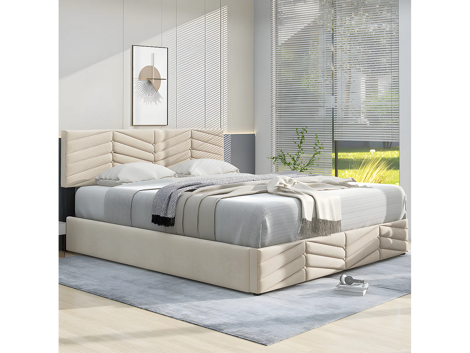 Letto contenitore in velluto con rete a doghe + testiera regolabile - 140x190 cm - Beige