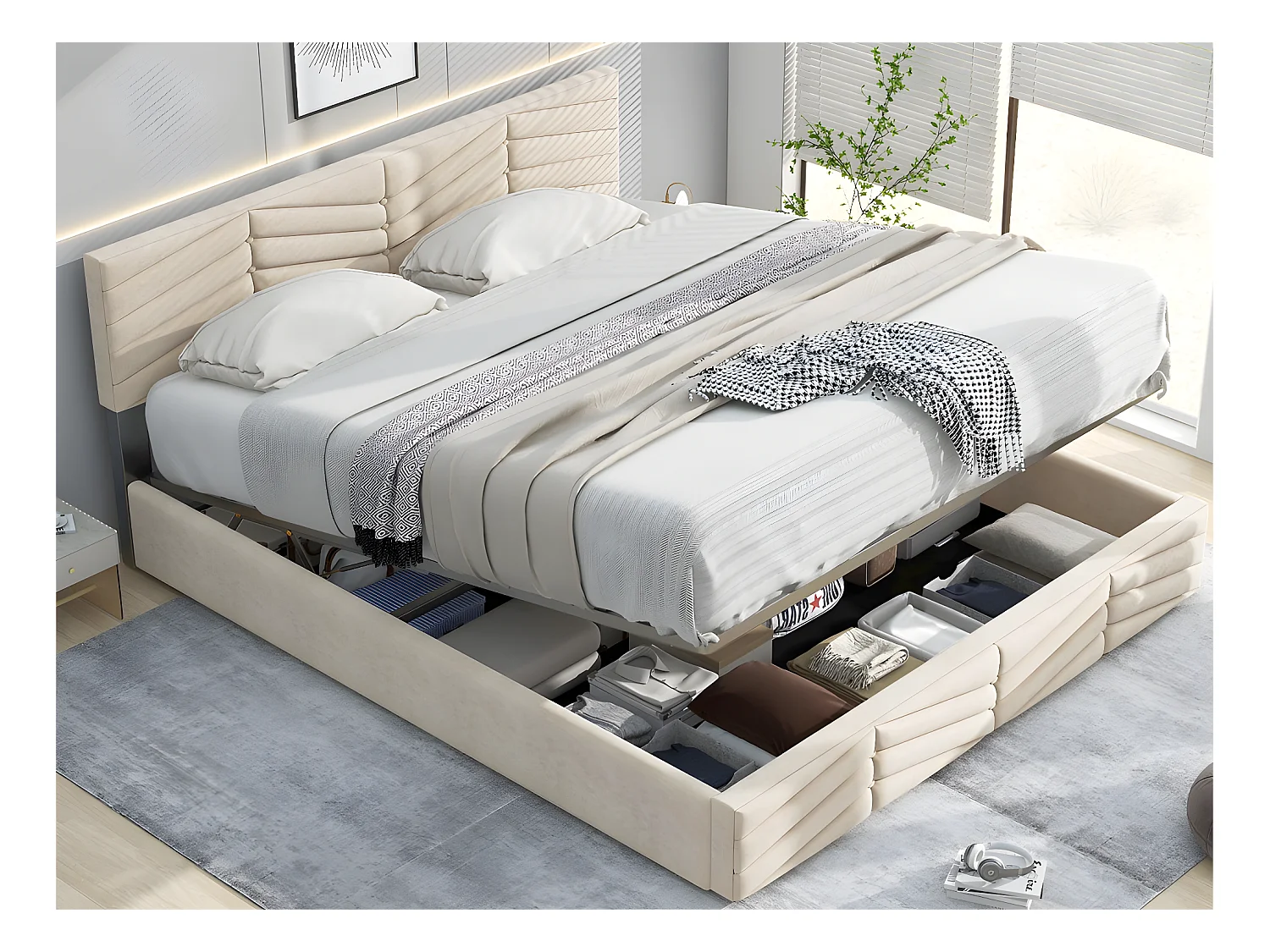 Lit coffre en velours avec sommier à lattes + tête de lit réglable - 140x190cm - Beige