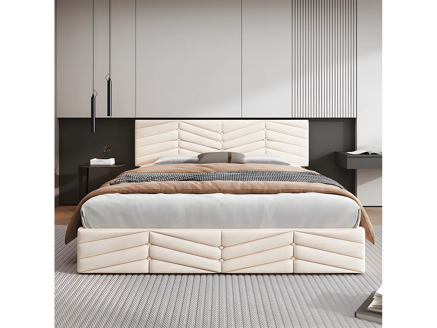 Lit coffre en velours avec sommier à lattes + tête de lit réglable - 140x190cm - Beige