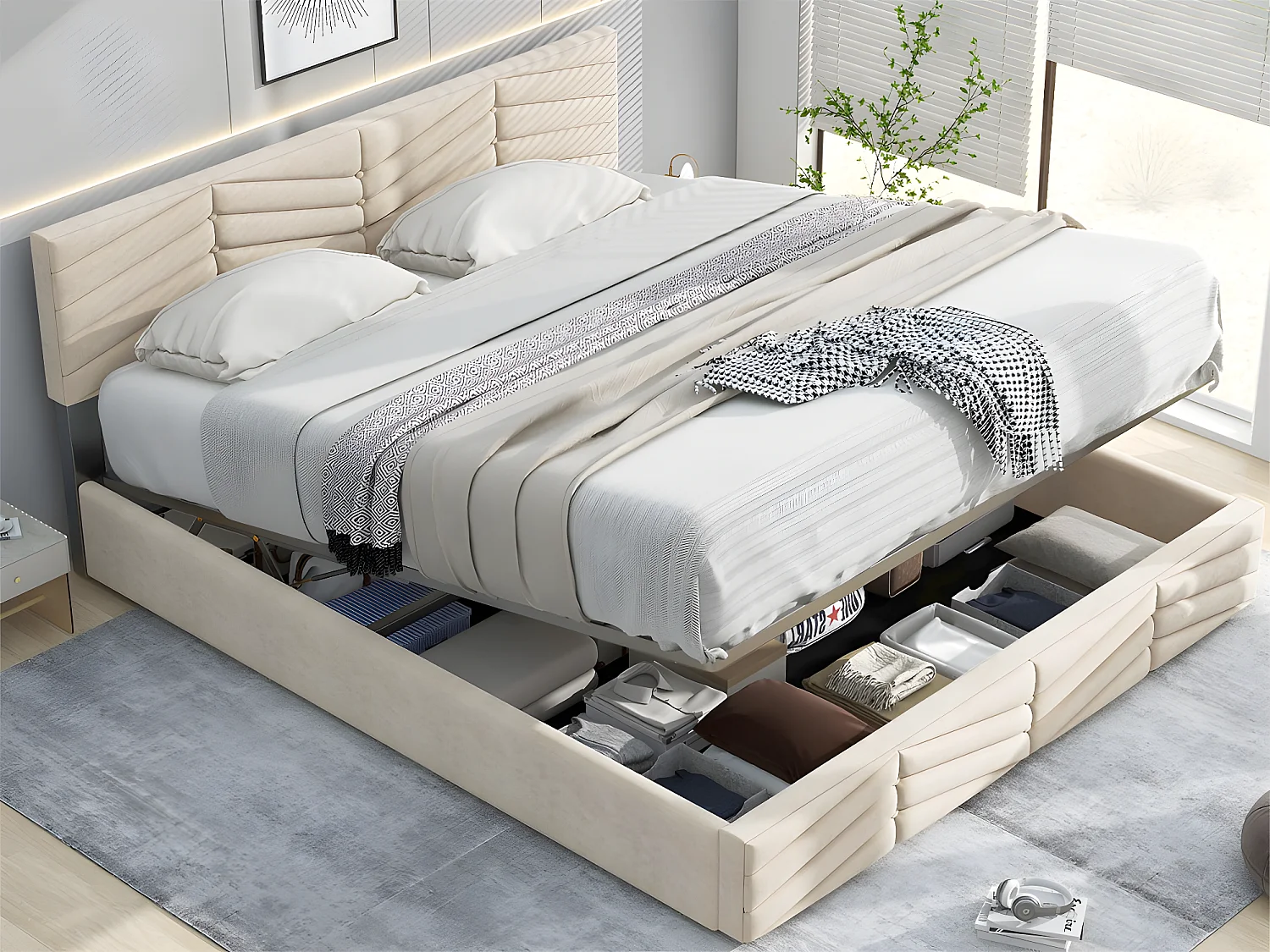 Lit coffre en velours avec sommier à lattes + tête de lit réglable - 140x190cm - Beige