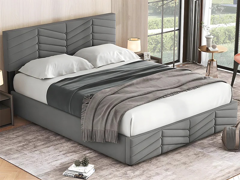 Samtbett mit Stauraum und Lattenrost + verstellbarem Kopfteil – 140 x 190 cm – Grau