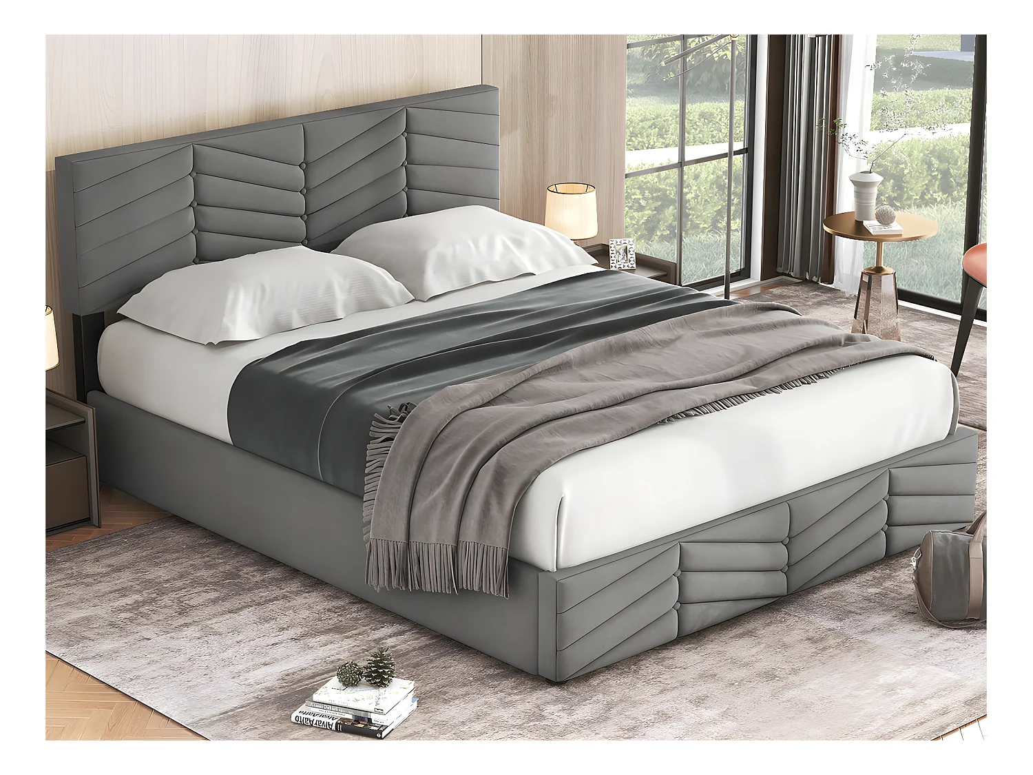 Lit coffre en velours avec sommier à lattes + tête de lit réglable - 140x190cm - Gris