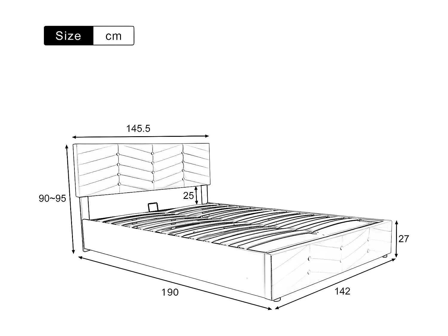 Cama em veludo com base de ripas + cabeceira ajustável - 140x190cm - Cinza