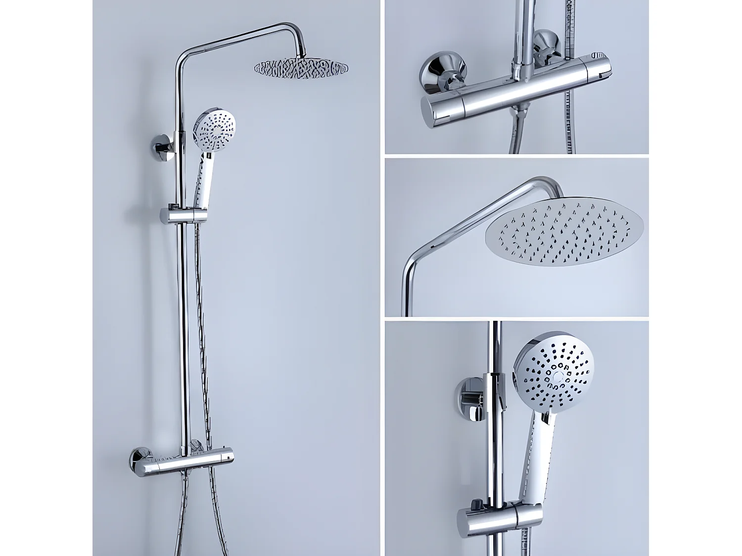 Kit Piatto doccia ultrasottile 90 x 90 cm PIATTO Grigio + Colonna doccia termostatica Finitura cromata