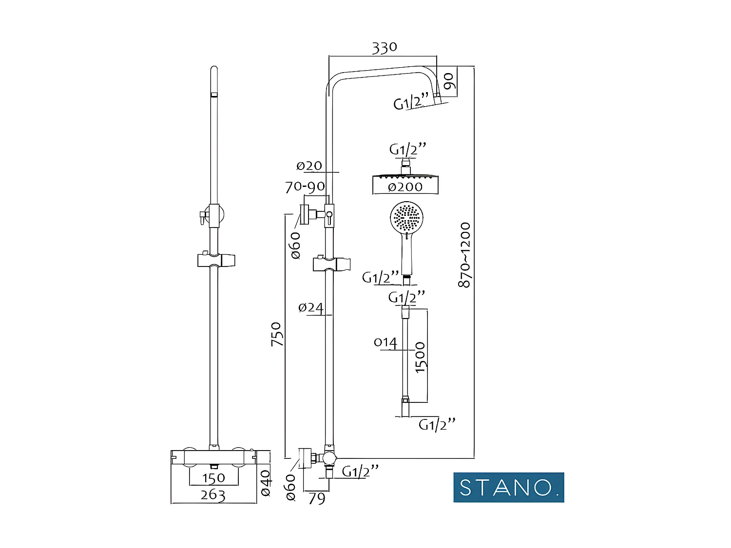 Kit Piatto doccia ultrasottile 90 x 90 cm PIATTO Grigio + Colonna doccia termostatica Finitura cromata