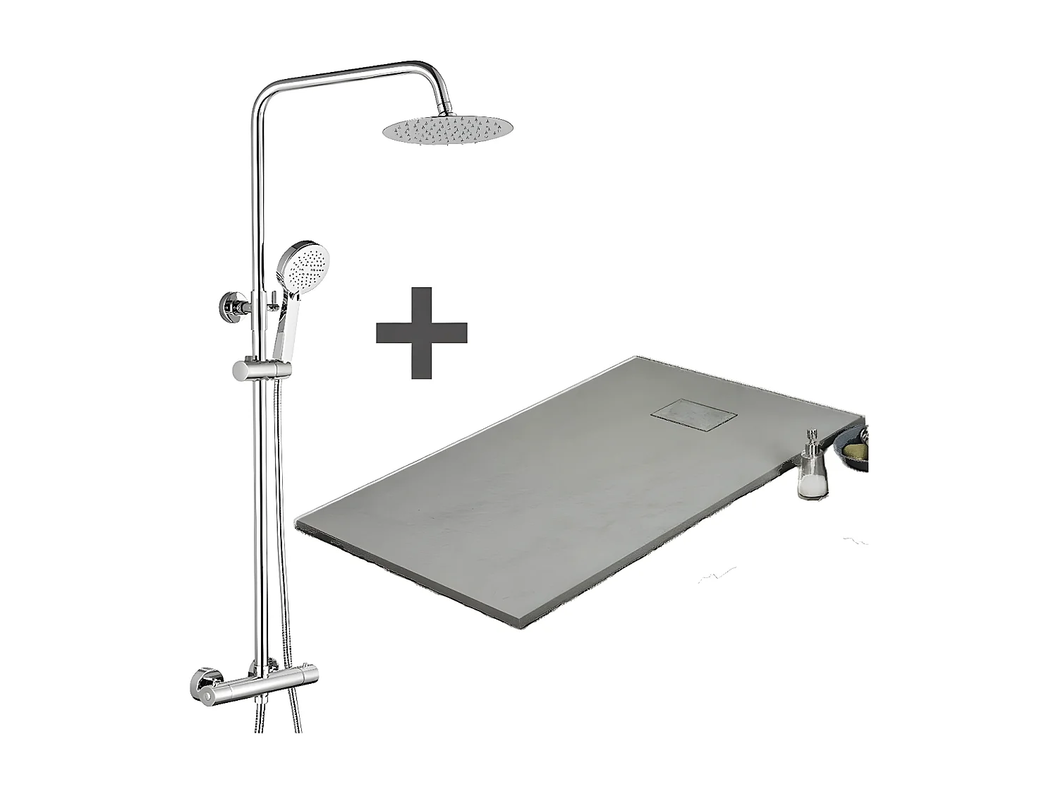Kit Piatto doccia ultrasottile 90 x 90 cm PIATTO Grigio + Colonna doccia termostatica Finitura cromata